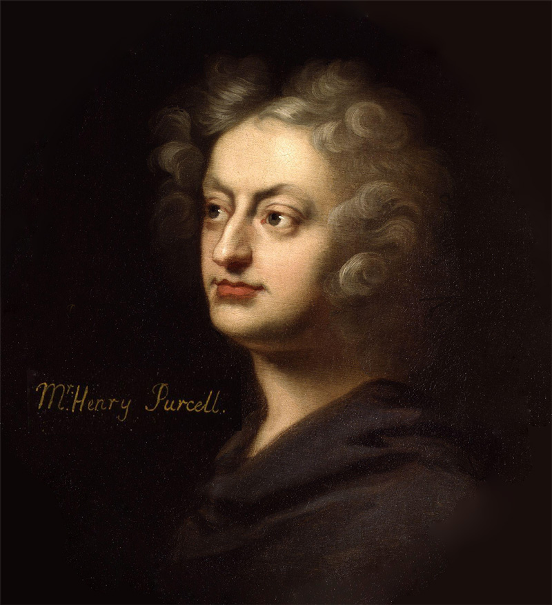 Portret van Henry Purcell met een donkere achtergrond
