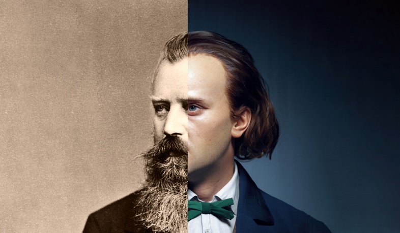 fotocollage van een man en een foto van johannes brahms