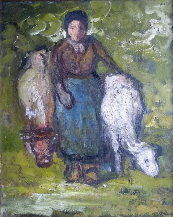 mevrouw met 2 koeien
