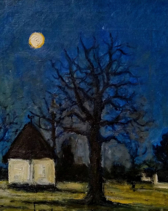landschap met een huis en een boom bij volle maan