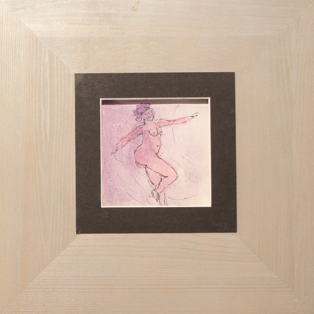 houten lijstje met een tekening van een naakte danseres