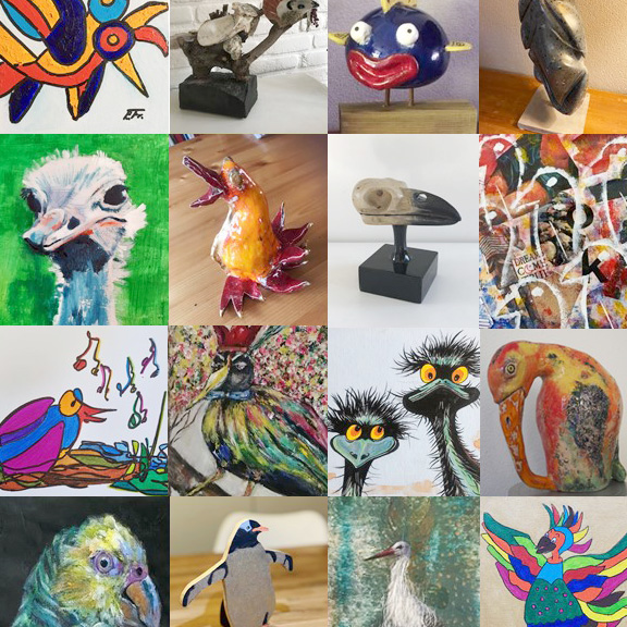 collage van inzendingen van kunstwerken met het thema vreemde vogels