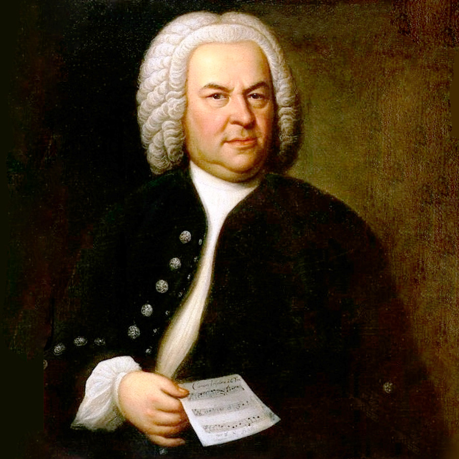 Johann Sebastian Bach met baldmuziek in zijn hand