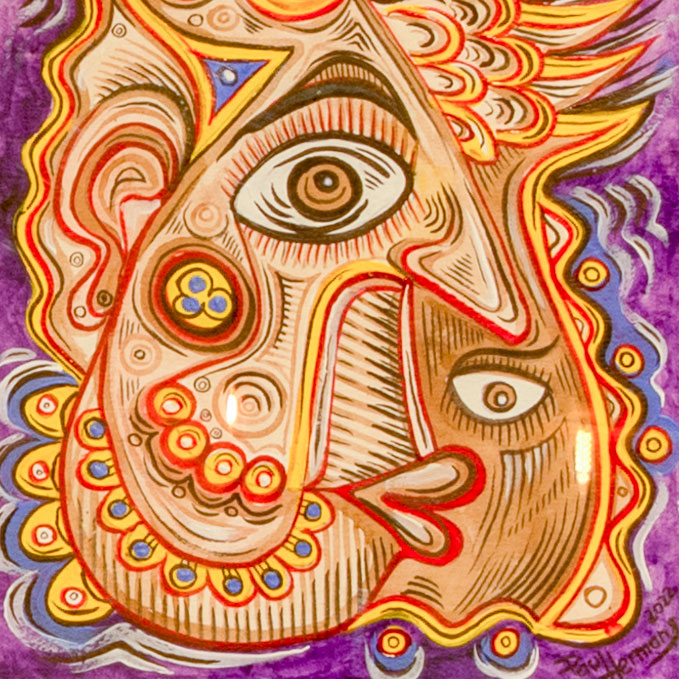 kleurrijke print van een fantasiefiguur met ogen in oranje en rood.