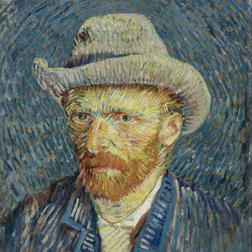 Zelfportret van Vincent van Gogh met een hoed op. Geschilderd met duidelijk zichtbare penseelstreken.