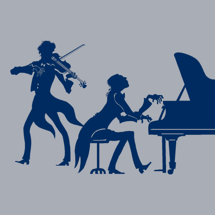 muziekduo: een persoon met een viool en een persoon op een vleugel.