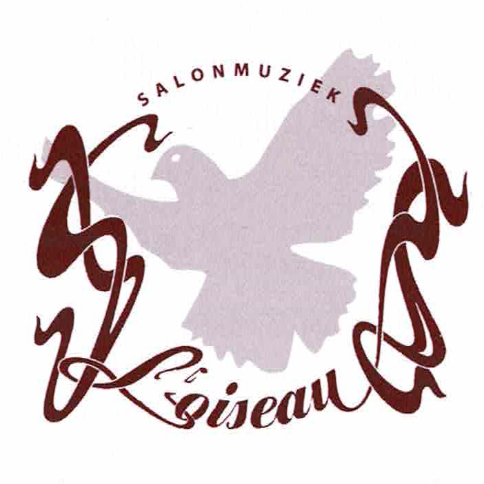 logo met de woorden salonorkest en l'oiseau en een beeld van een duif
