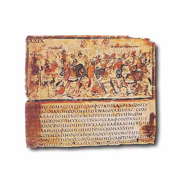 Pagina uit Ilias met Griekse tekst en afbeelding van strijders