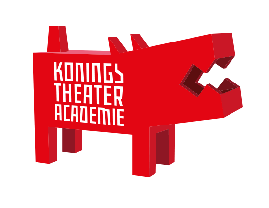 logo Koningstheater-academie: rood vierkante hond met open bek
