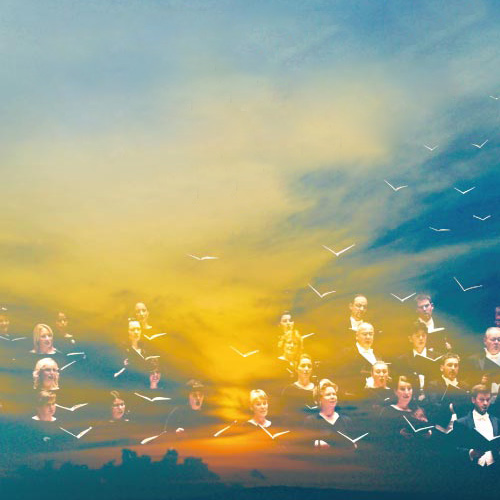 collage van een zangkoor met een zonsondergang