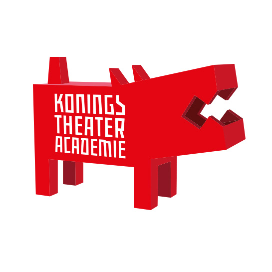 logo Koningstheater-academie: rood vierkante hond met open bek