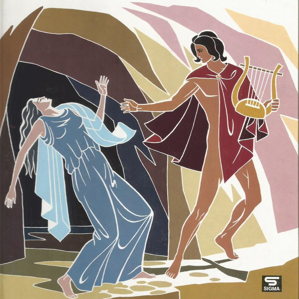 Eurydice en muzikant Orpheus met een harp voor een grot. Eurydice valt achterover