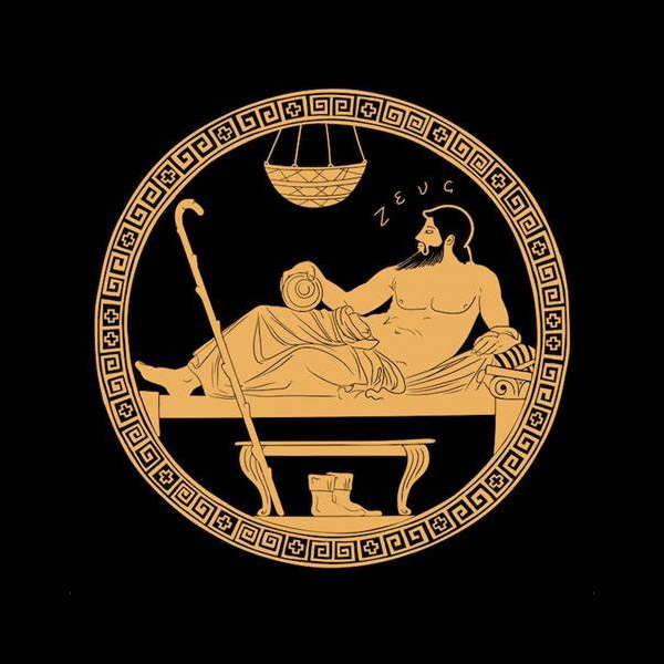 Griekse afbeelding van Zeus liggend op een bed.