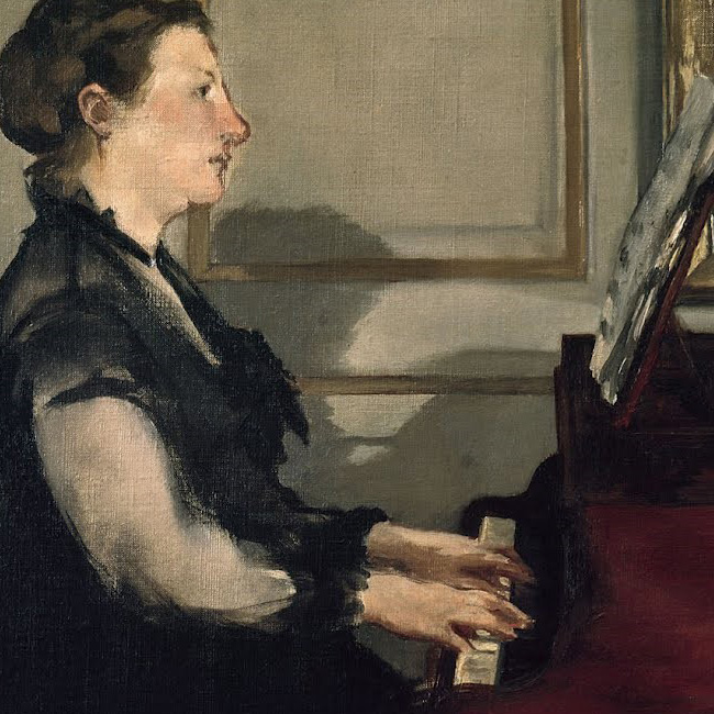 Schilderij van Manet waarop madame manet piano speelt