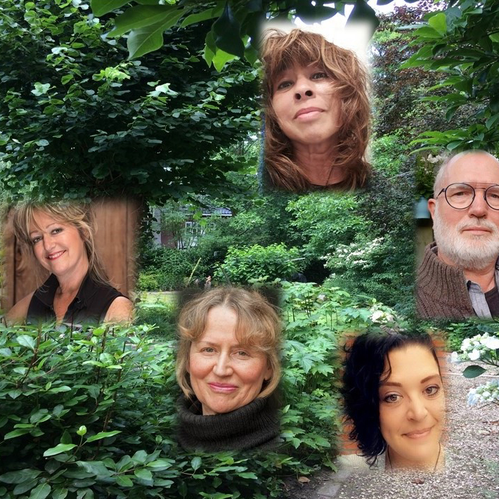 groene bladeren en portretfoto's van diverse dichters en muzikanten