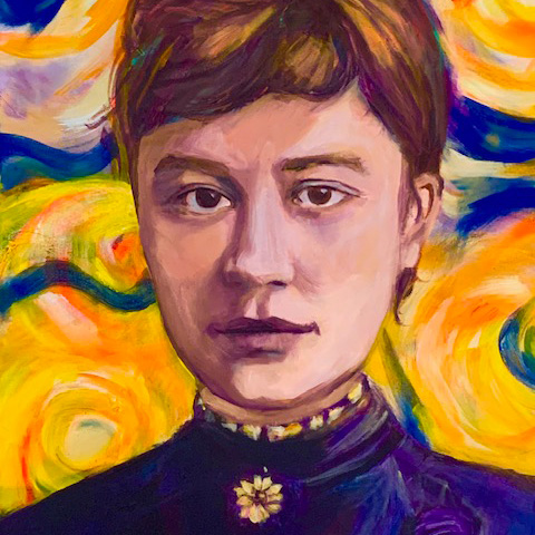 kleurrijk geschilderd portret van Jo van Gogh