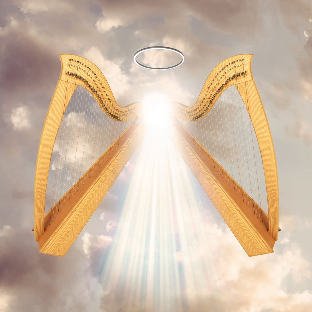 twee harpen als vleugles met een aureool erboven zodat het de vorm van een engel heeft