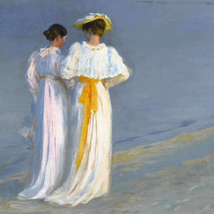 impressionistisch schilderij van 2 dames in wite jurken op het strand