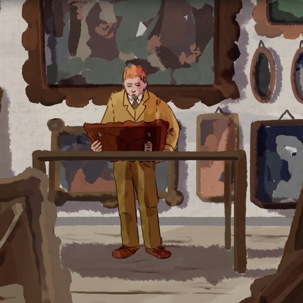 tekening van een man met rood haar in ee ruimte met veel schilderijen