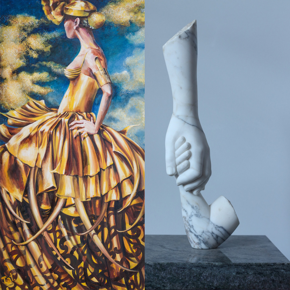 collage van een schilderij van een persoon met een jurk en een marmeren beeld van twee handen die elkaar vasthouden