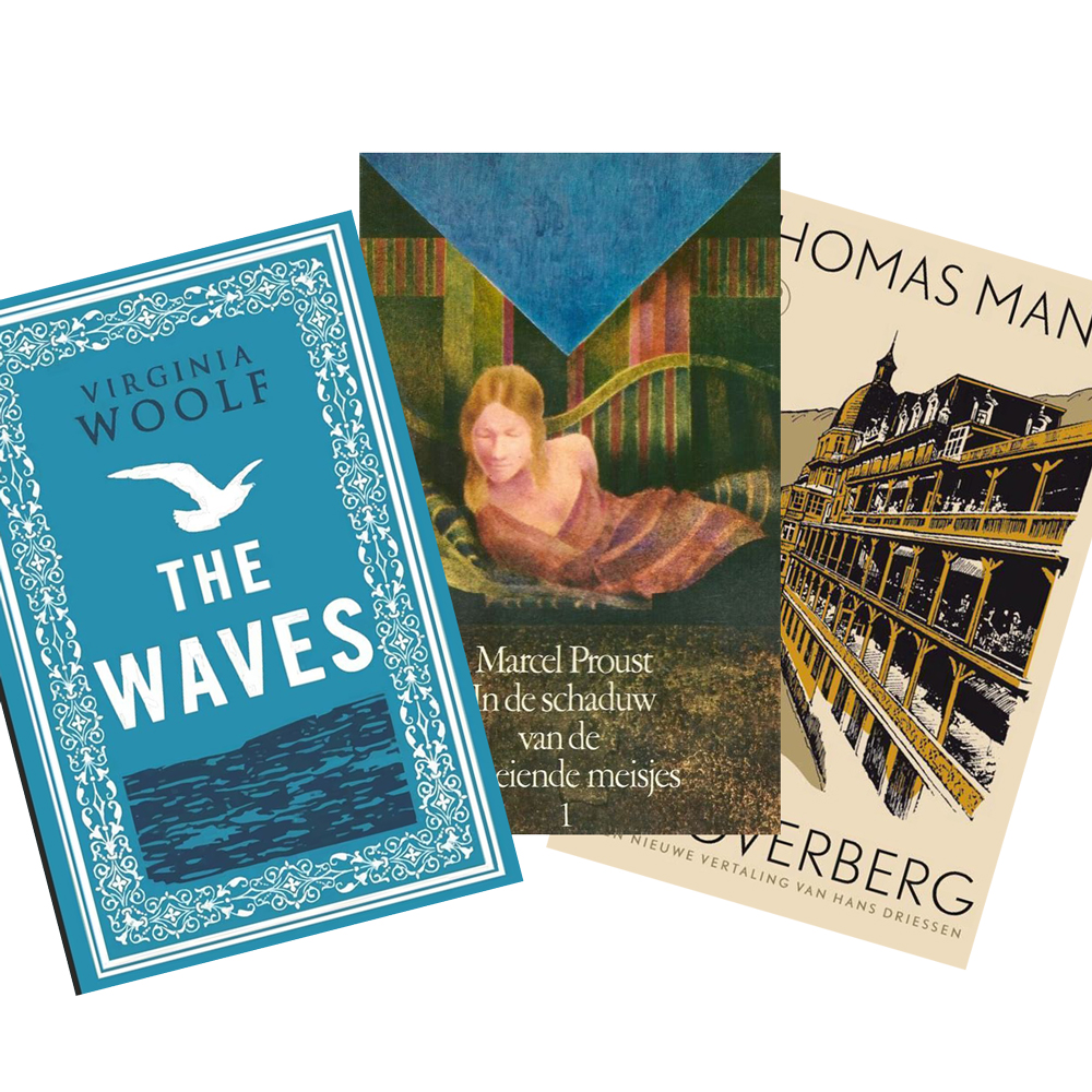 kaften van 3 boeken geschreven door Virginia Woolf, Marcel Proust en Thomas Mann