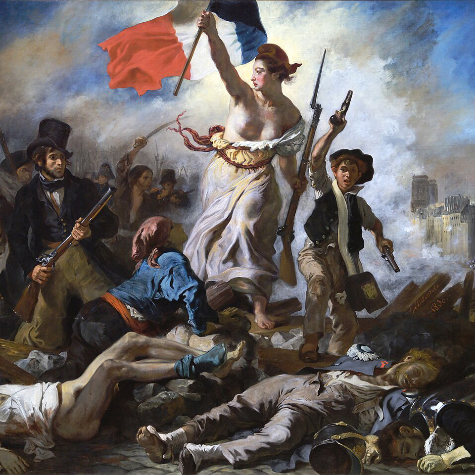 Vrouw met Franse lag op schilderij La Liberté guidant le peuple door Eugène Delacroix