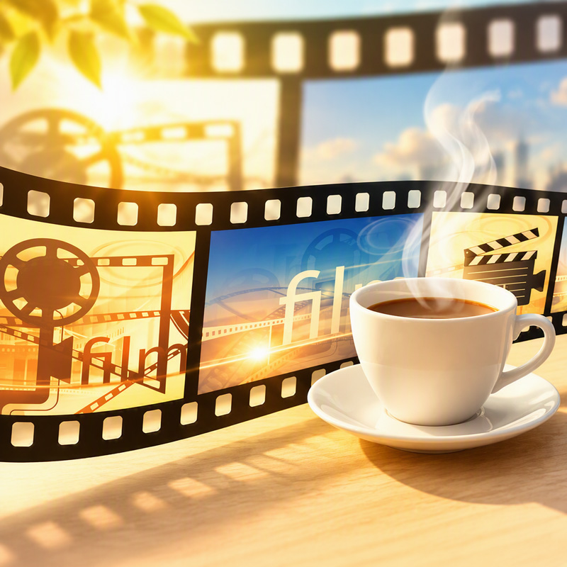 kop koffie voor een grafisch weergave van een filmrol